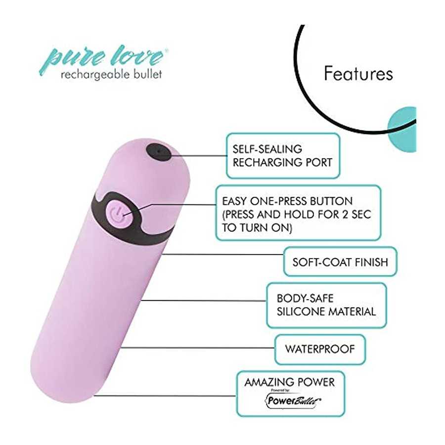 Pure Love 3.5 Inch Rechargeable Bullet Vibrator Purple, Waterproof, 10 Functions, Adult Sex Toy