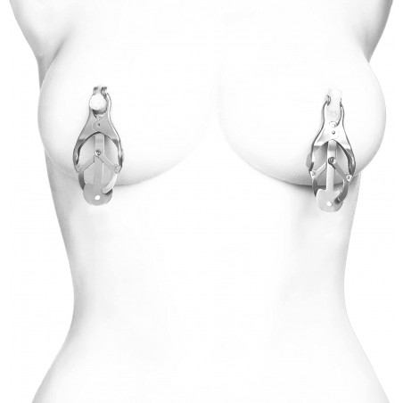 Master Series Black Japanese Clover Nipple Clamps with Chain, Clip On Metal Finish Clamp Set for Nipples, For Women, Men, Couples, Adjustable Strength, Textured Rubber Padded Tips, Set of 2
