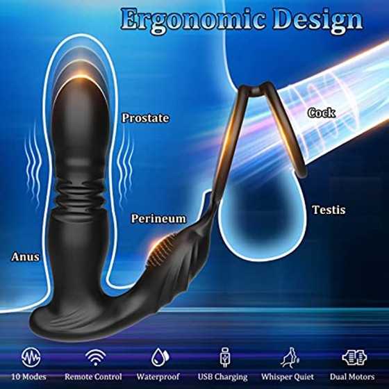 Thrusting Anal Vibrator with Cock Ring, 3 in 1 Male Anal Sex Toys Prostate Massager, Plug Anal Vibrator with Thick Penis Ring, T