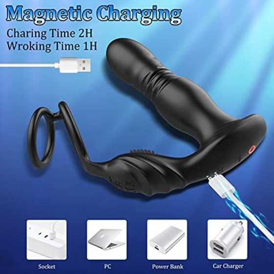 Thrusting Anal Vibrator with Cock Ring, 3 in 1 Male Anal Sex Toys Prostate Massager, Plug Anal Vibrator with Thick Penis Ring, T