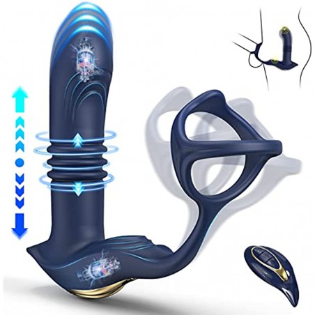 Thrusting Anal Vibrators Prostate Massager with Dual Cock Ring,Silicone Butt Plug 3 Thrusting Modes & 11 Vibration Modes Male Prostate Stimulator Toys,Sex Anal Toy for Men Women Couple Pleasure
