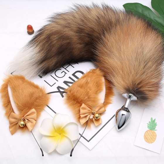 AKStore Fox Tail Anal Butt Plug Sex Toys for SM & Cospaly (Black-White + Ear)