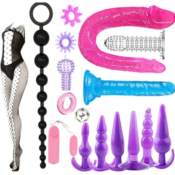 BAIWANg 17 in 1 Anal Plug Set Pleasure Plug Toy for Women Men Butt Plugs Stick Beginner Training Kit Anales Beads, Multicolor, X-Large