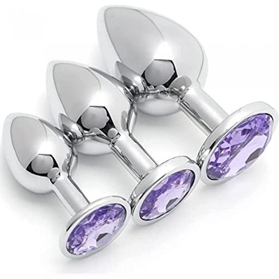 3Pcs Set Stainless Steel Anal Plug Butt Plugs Luxury Jewelry Design Anal Trainer S&M Adult Gay Sex Toy Gifts for Women Men (Light Purple)