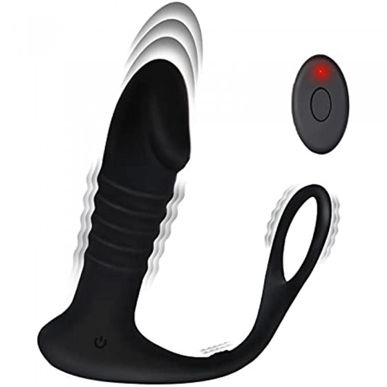 Thrusting Anal Vibrator with Cock Ring - Button & Remote Control Silicone Male Vibrator, Rechargeable Prostate Vibrator Sex Toys with 3*10 Thrusting & Vibrating Modes for Men and Couple