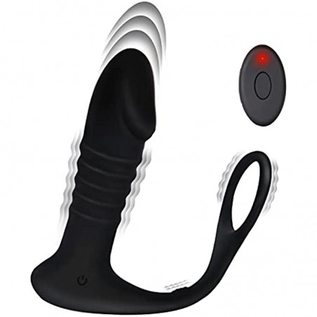 Thrusting Anal Vibrator with Cock Ring - Button & Remote Control Silicone Male Vibrator, Rechargeable Prostate Vibrator Sex Toys with 3*10 Thrusting & Vibrating Modes for Men and Couple
