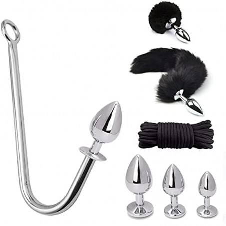 Anal Sex Toys Multifunction 7Pcs Set, Metal Anal Hook，Fox and Rabbit Tail Anal PlugWith，Comes 3 Interchangeable Heart Shape Metal Anal Trainers，Adult Gay Couple Bondage Fetish Anal Sex Toys