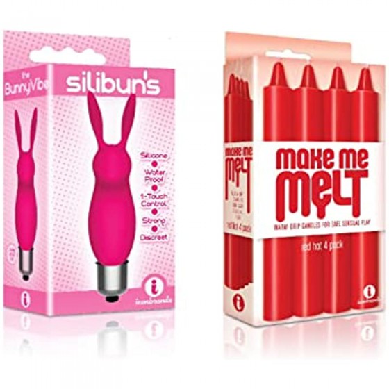 Sexy Gift Set Bundle of Silibuns, Silicone Bunny Bullet Pink and Icon Brands Make Me Melt Sensual Warm-Drip Candles, 4 Pack, Red