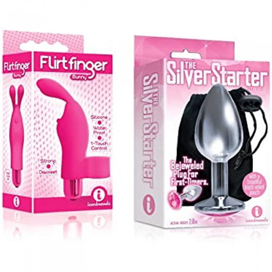 Sexy Gift Set Bundle of Flirt Finger Bunny, Finger Vibrator, Pink and Icon Brands The Silver Starter, Bejeweled Stainless Steel 