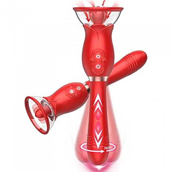 Rose Sex Toys for Women - 3 in1 Vibrator Stimulator with Sucking Cups, 3 Tongue Licking & 10 Thrusting G Spot Dildo Adult Toy fo