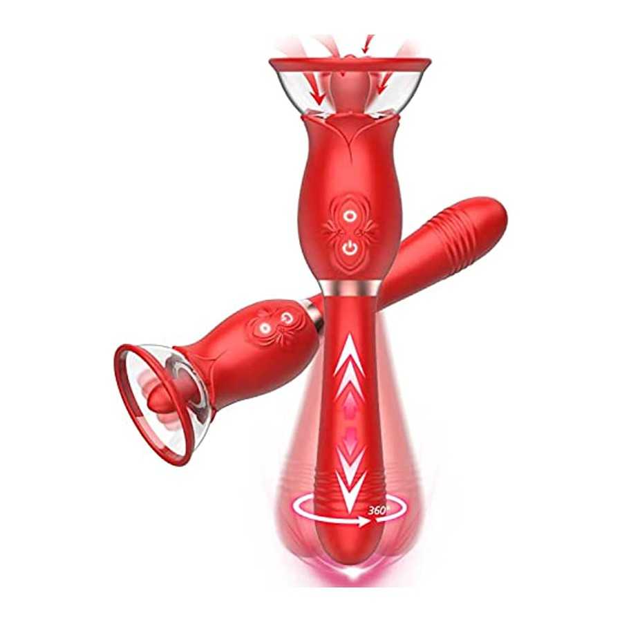 Rose Sex Toys for Women - 3 in1 Vibrator Stimulator with Sucking Cups, 3 Tongue Licking & 10 Thrusting G Spot Dildo Adult Toy fo