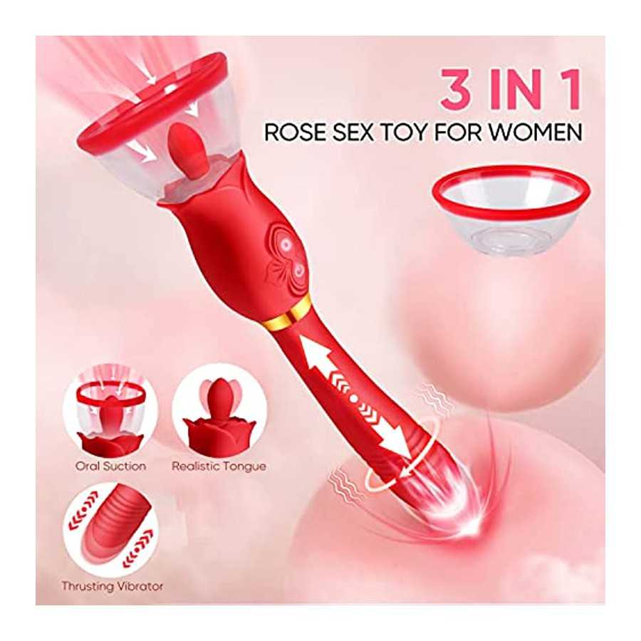 Rose Sex Toys for Women - 3 in1 Vibrator Stimulator with Sucking Cups, 3 Tongue Licking & 10 Thrusting G Spot Dildo Adult Toy fo