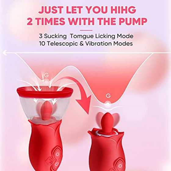 Rose Sex Toys for Women - 3 in1 Vibrator Stimulator with Sucking Cups, 3 Tongue Licking & 10 Thrusting G Spot Dildo Adult Toy fo