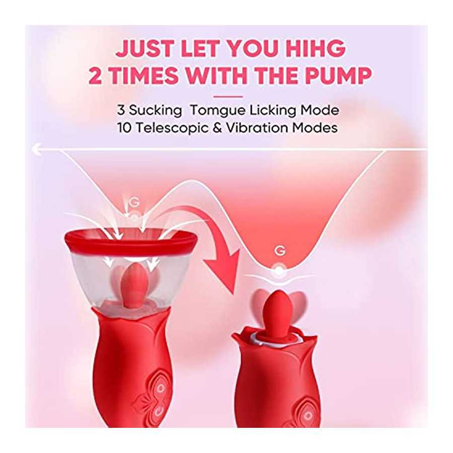 Rose Sex Toys for Women - 3 in1 Vibrator Stimulator with Sucking Cups, 3 Tongue Licking & 10 Thrusting G Spot Dildo Adult Toy fo