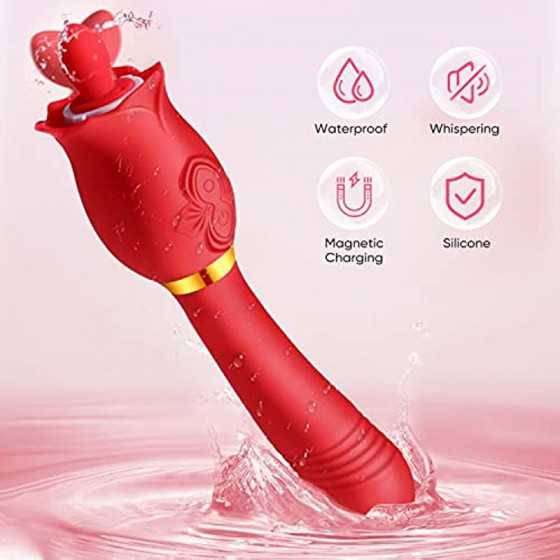 Rose Sex Toys for Women - 3 in1 Vibrator Stimulator with Sucking Cups, 3 Tongue Licking & 10 Thrusting G Spot Dildo Adult Toy fo