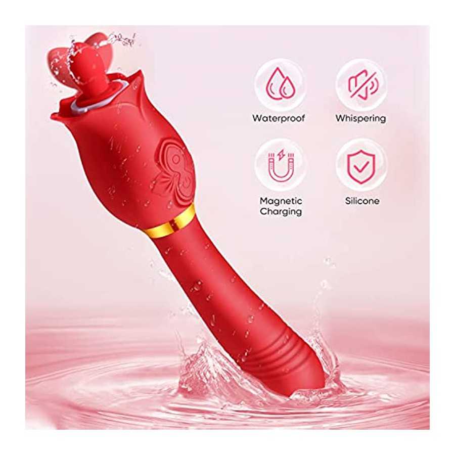 Rose Sex Toys for Women - 3 in1 Vibrator Stimulator with Sucking Cups, 3 Tongue Licking & 10 Thrusting G Spot Dildo Adult Toy fo