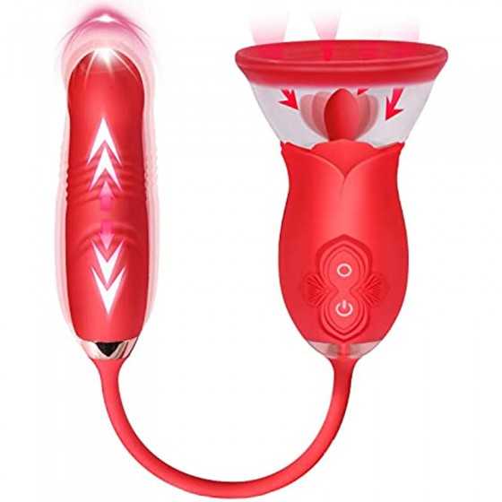 Rose Sex Toy for Womens Sex - 3in1 Vibrator with Sucking Cups Stimulator for Women, 3 Tongue Licking & 10 Thrusting Vibrator Dil