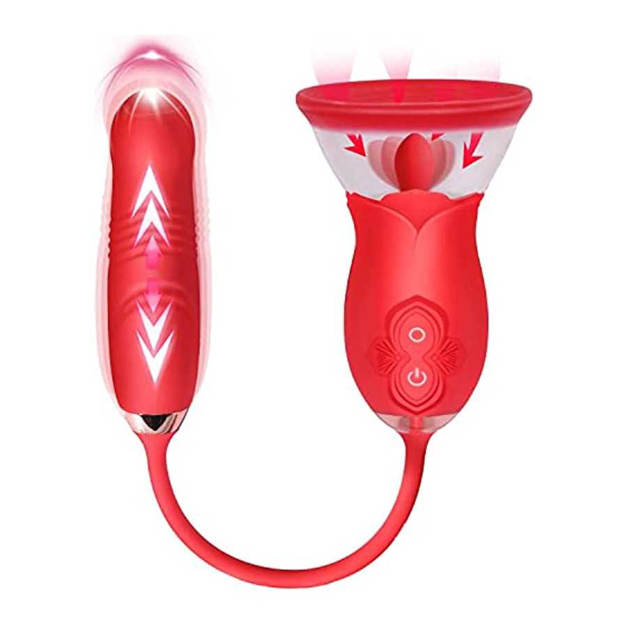Rose Sex Toy for Womens Sex - 3in1 Vibrator with Sucking Cups Stimulator for Women, 3 Tongue Licking & 10 Thrusting Vibrator Dil
