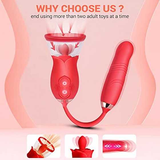 Rose Sex Toy for Womens Sex - 3in1 Vibrator with Sucking Cups Stimulator for Women, 3 Tongue Licking & 10 Thrusting Vibrator Dil