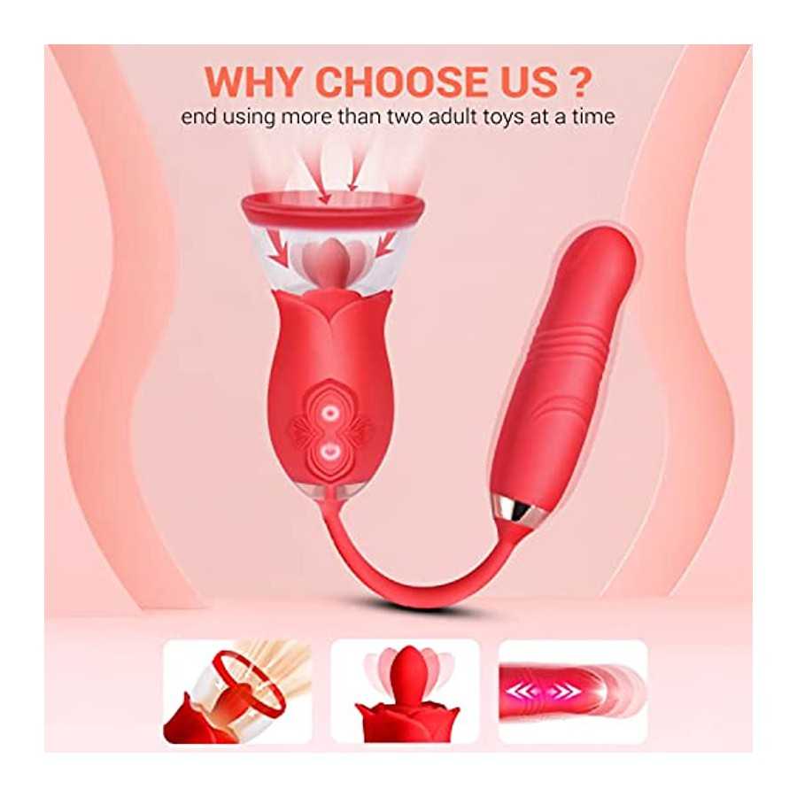 Rose Sex Toy for Womens Sex - 3in1 Vibrator with Sucking Cups Stimulator for Women, 3 Tongue Licking & 10 Thrusting Vibrator Dil
