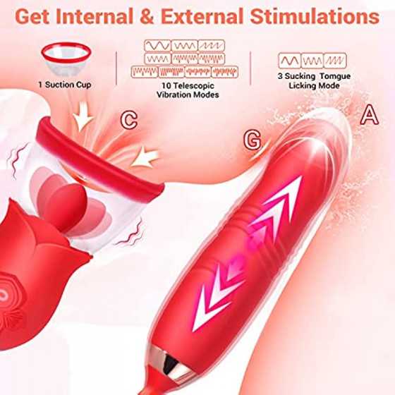 Rose Sex Toy for Womens Sex - 3in1 Vibrator with Sucking Cups Stimulator for Women, 3 Tongue Licking & 10 Thrusting Vibrator Dil