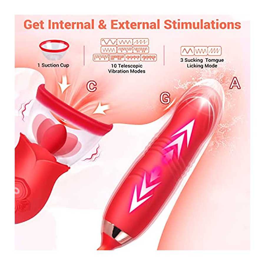 Rose Sex Toy for Womens Sex - 3in1 Vibrator with Sucking Cups Stimulator for Women, 3 Tongue Licking & 10 Thrusting Vibrator Dil
