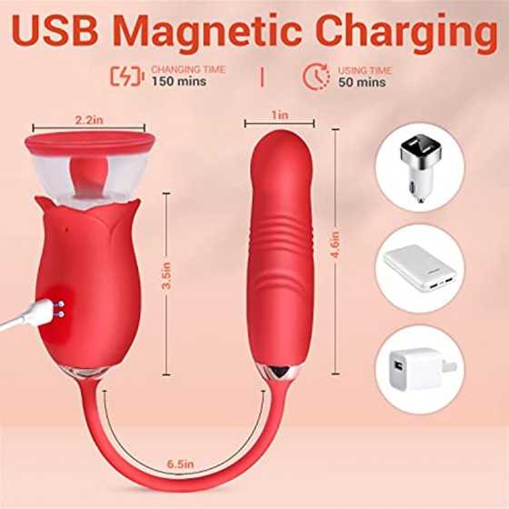 Rose Sex Toy for Womens Sex - 3in1 Vibrator with Sucking Cups Stimulator for Women, 3 Tongue Licking & 10 Thrusting Vibrator Dil