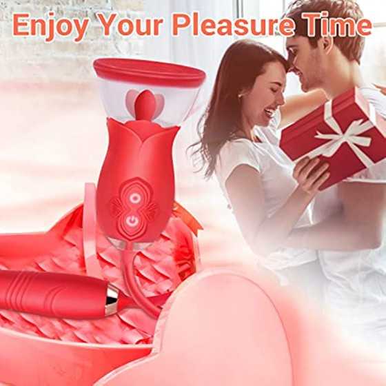 Rose Sex Toy for Womens Sex - 3in1 Vibrator with Sucking Cups Stimulator for Women, 3 Tongue Licking & 10 Thrusting Vibrator Dil