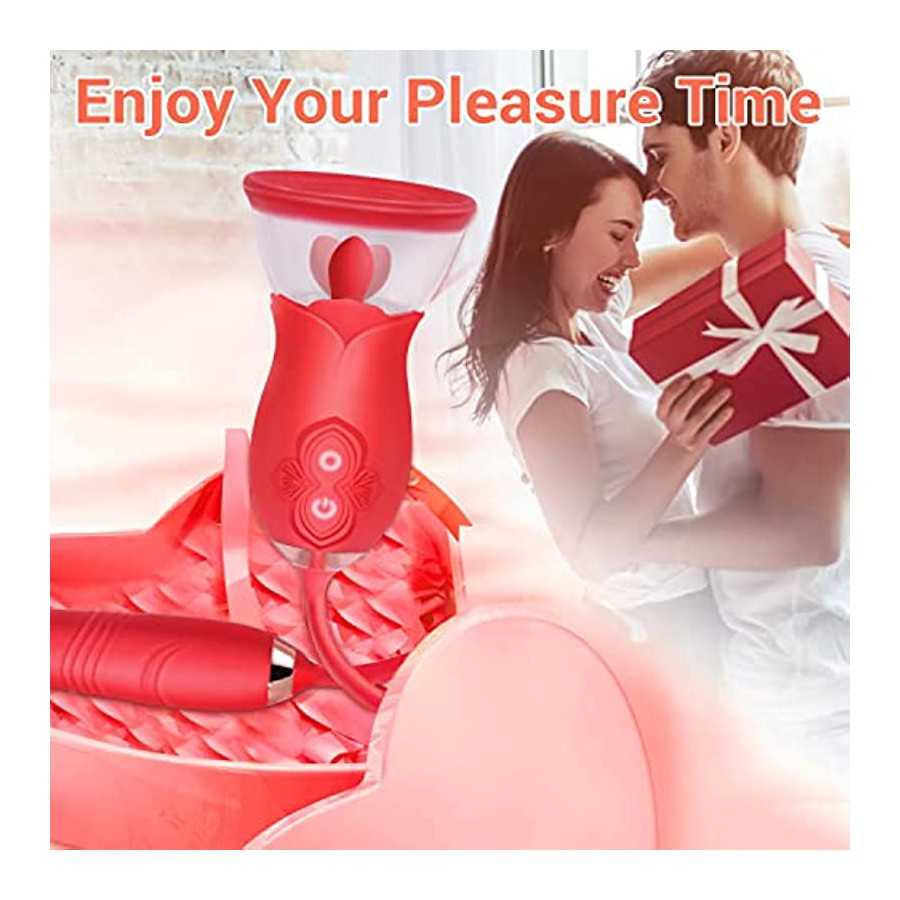 Rose Sex Toy for Womens Sex - 3in1 Vibrator with Sucking Cups Stimulator for Women, 3 Tongue Licking & 10 Thrusting Vibrator Dil