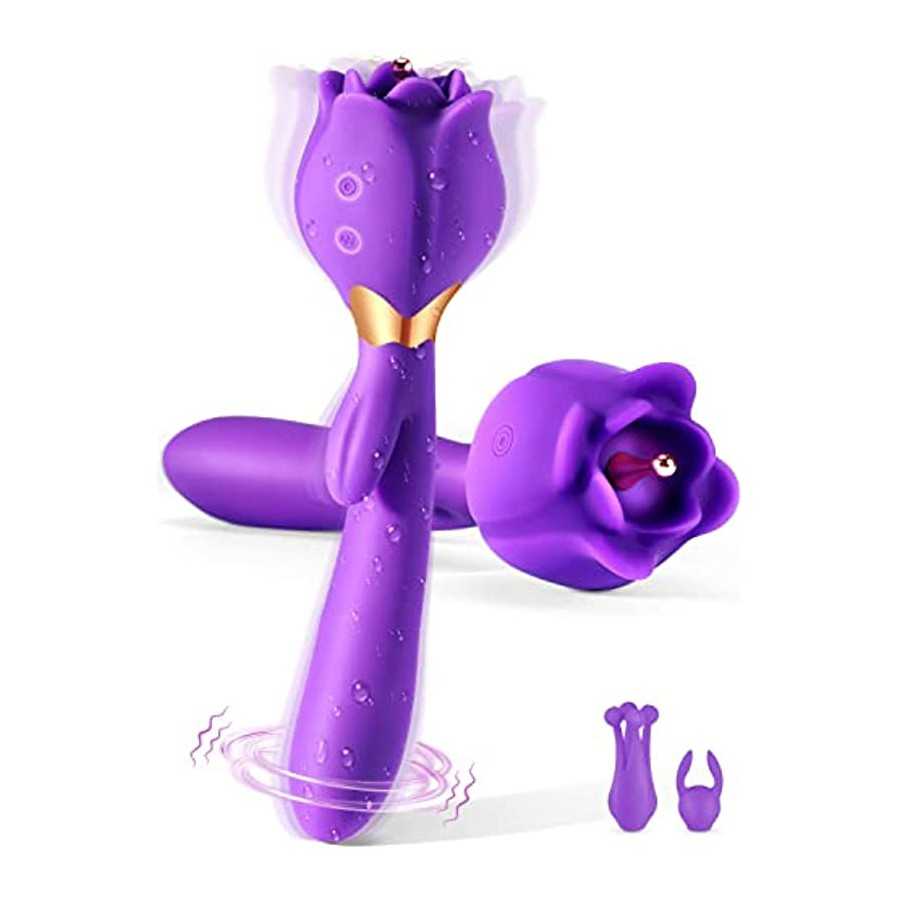 Rose Toy Vibrator for Woman, 3 in 1 Clitoral Stimulator Thrusting G Spot Dildo Vibrator with 10 Modes, Rose Adult Sex Toys Game,