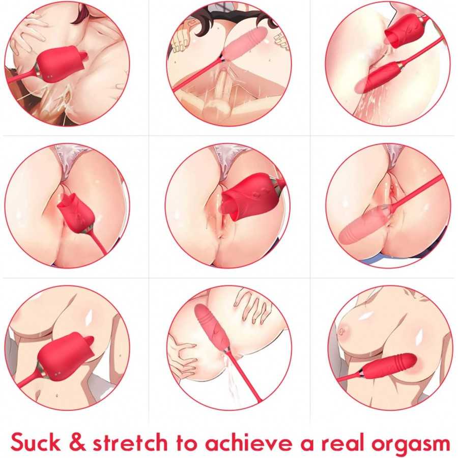 Rose Toy Vibrator for Women, Nipple Clitoral Stimulator Rose Toy, Thrusting Dildo Tongue Licking Vibrator with 9 Modes, Clitoris
