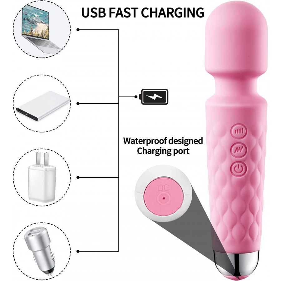 Powerful Wand Massager with 8 Speeds 20 Vibration Modes USB Rechargeable Mini Quiet Waterproof Handheld Personal Massager for Fu