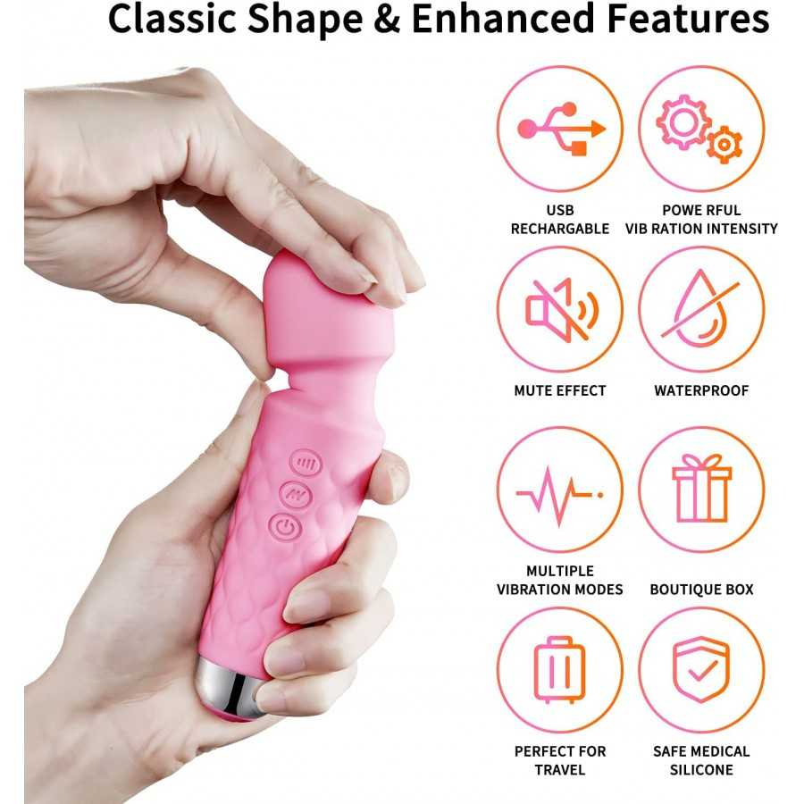 Powerful Wand Massager with 8 Speeds 20 Vibration Modes USB Rechargeable Mini Quiet Waterproof Handheld Personal Massager for Fu