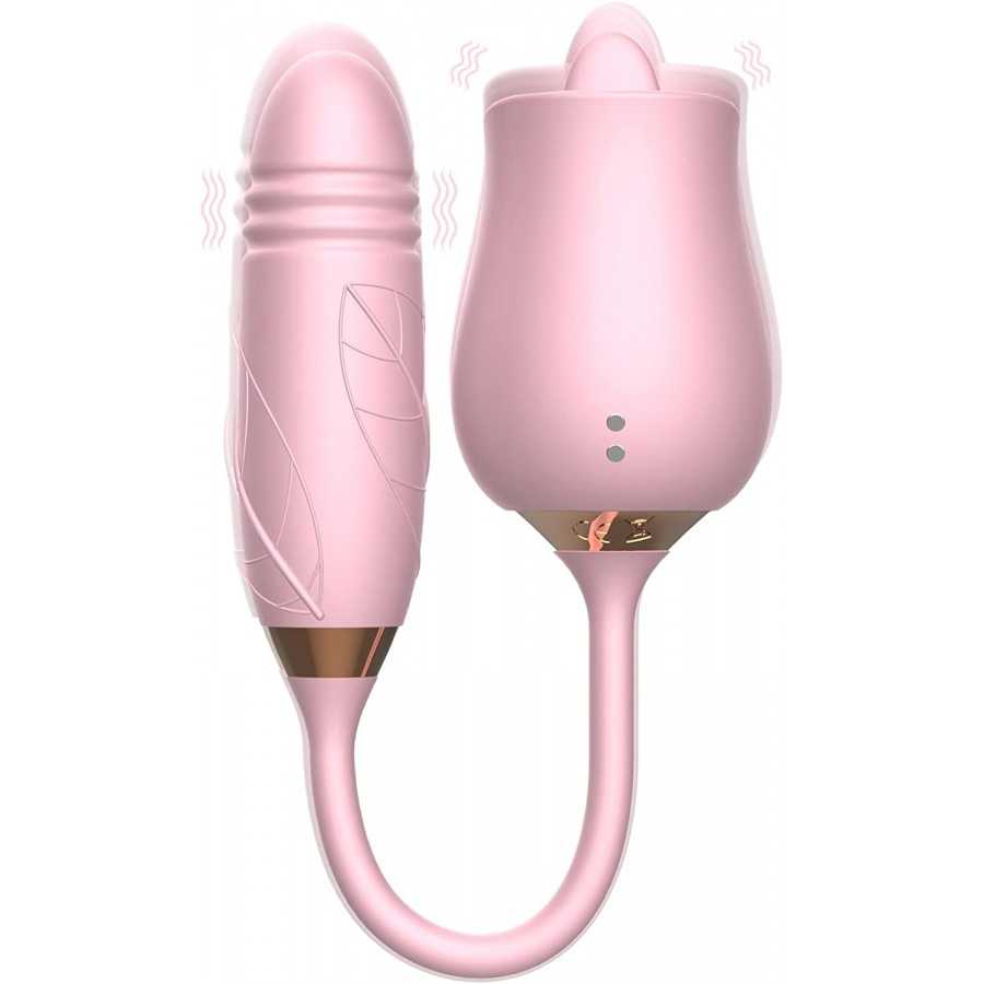 Rose Toy Vibrator for Woman - 3 in 1 Rose Sex Stimulator Clitoral Tongue Licking Thrusting G Spot Dildo Vibrator with 9 Modes, R