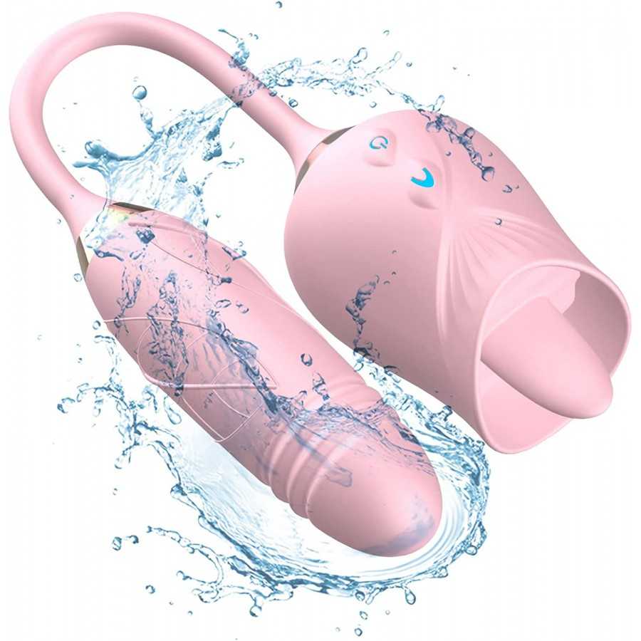 Rose Toy Vibrator for Woman - 3 in 1 Rose Sex Stimulator Clitoral Tongue Licking Thrusting G Spot Dildo Vibrator with 9 Modes, R