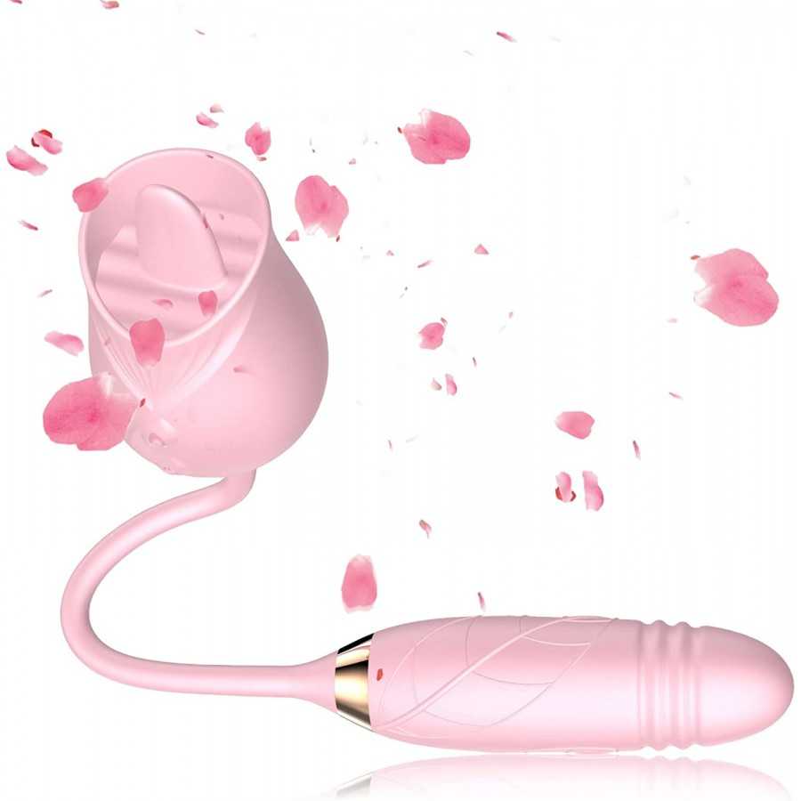 Rose Toy Vibrator for Woman - 3 in 1 Rose Sex Stimulator Clitoral Tongue Licking Thrusting G Spot Dildo Vibrator with 9 Modes, R