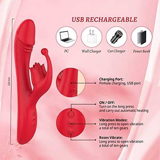 Rabbit Vibrator Clitoral Dildo with Heating, PUWCBZE Rose Toy G-Spot & Clitoris Stimulator, 10 Vibration Modes & Flapping Sex To