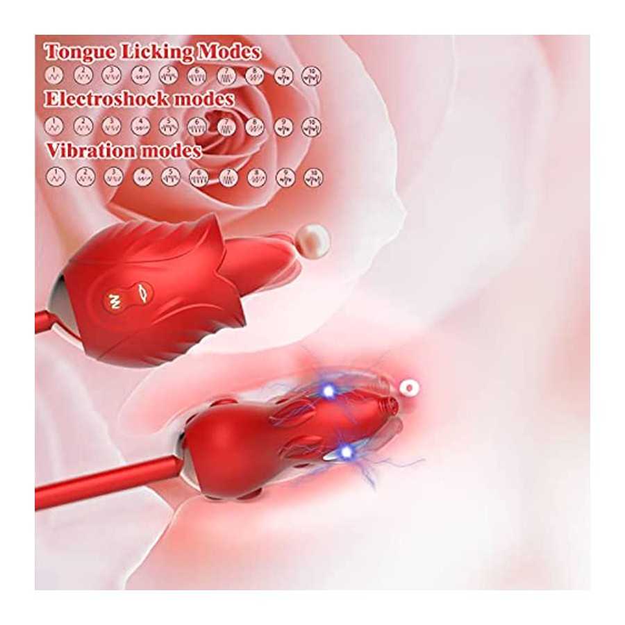 Electric Shock Rose Toy Vibrator, Clitoral Stimulator for Women with 10 Electric Shock 10 Tongue Licking and 10 Vibration Modes,