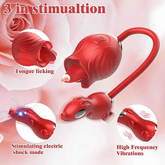 Electric Shock Rose Toy Vibrator, Clitoral Stimulator for Women with 10 Electric Shock 10 Tongue Licking and 10 Vibration Modes,