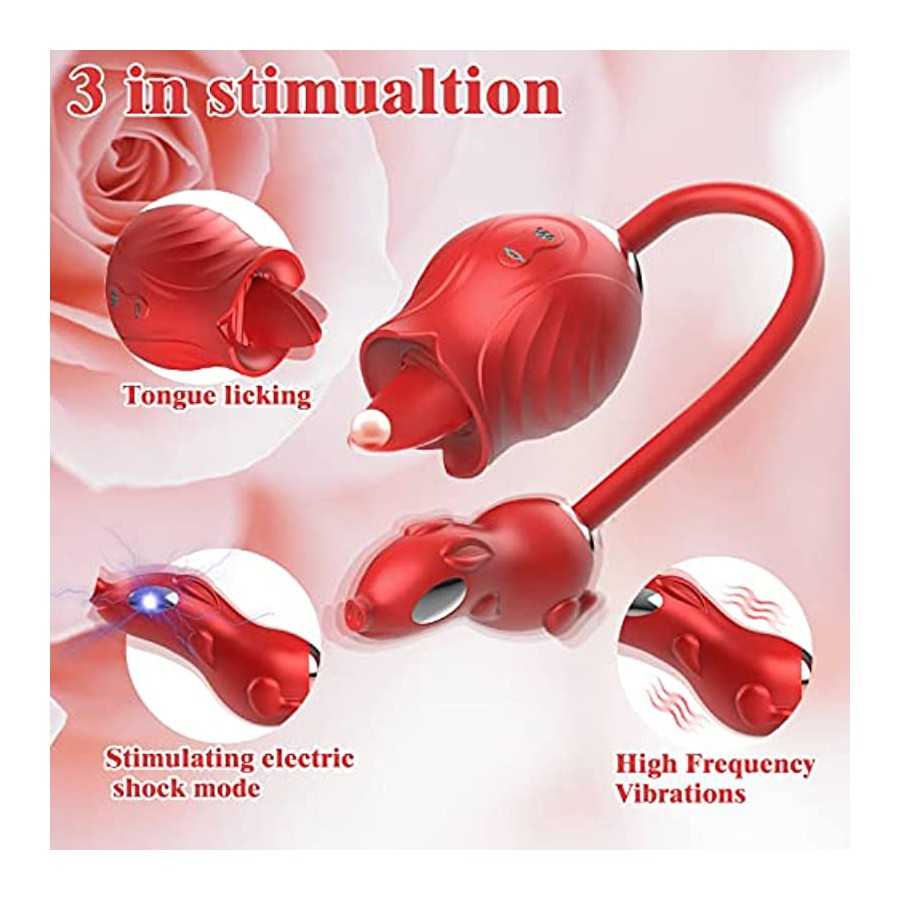 Electric Shock Rose Toy Vibrator, Clitoral Stimulator for Women with 10 Electric Shock 10 Tongue Licking and 10 Vibration Modes,