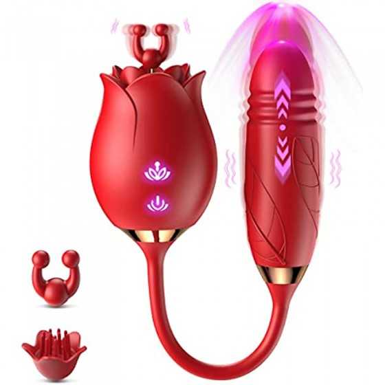 Rose Sex Toy for Women, 3 in 1 Rose Sex Stimulator with10 Thrusting & 10 Vibration Modes, Clitoral G-spot Vibrator with 2 Massag
