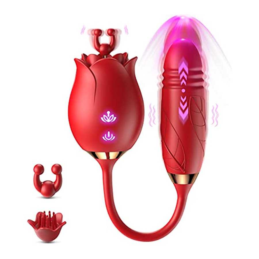 Rose Sex Toy for Women, 3 in 1 Rose Sex Stimulator with10 Thrusting & 10 Vibration Modes, Clitoral G-spot Vibrator with 2 Massag