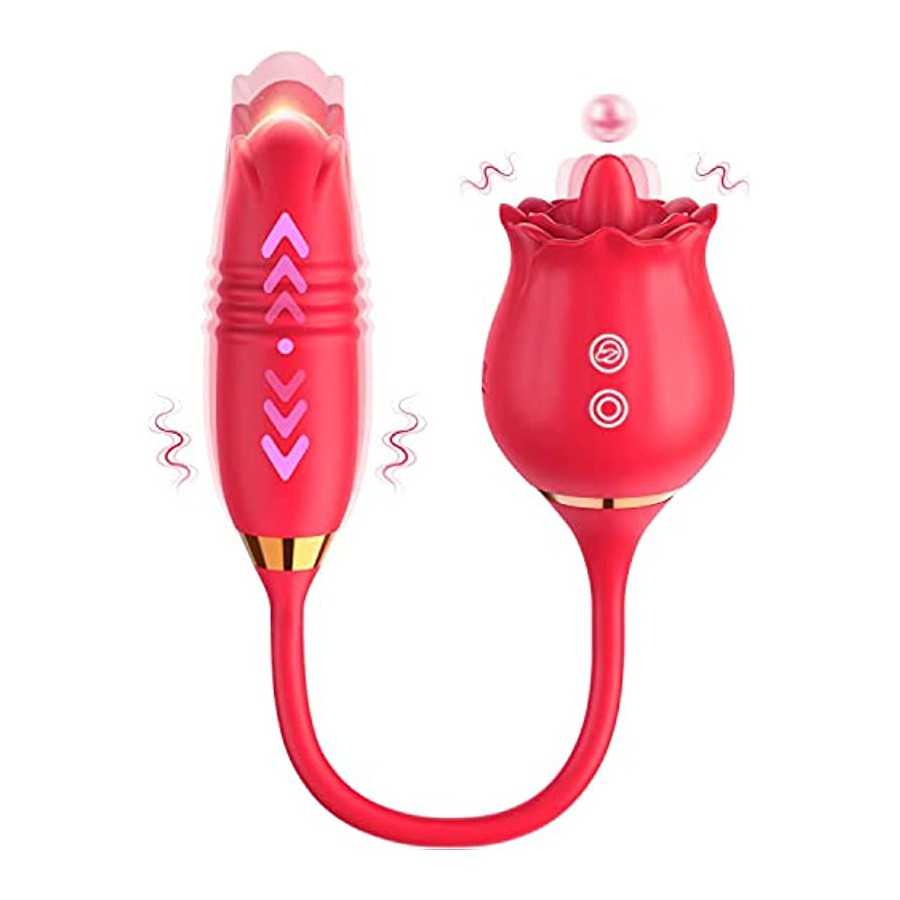 Rose Toy for Woman,Rose Vibrator with 10 Thrusting & Vibration Modes,2 in 1 Clitoral Licking Vibrator Thrusting Dildo,G-Spot Vib
