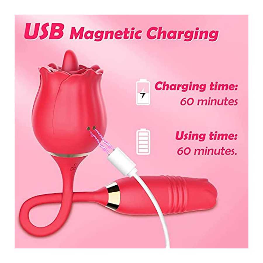 Rose Toy for Woman,Rose Vibrator with 10 Thrusting & Vibration Modes,2 in 1 Clitoral Licking Vibrator Thrusting Dildo,G-Spot Vib