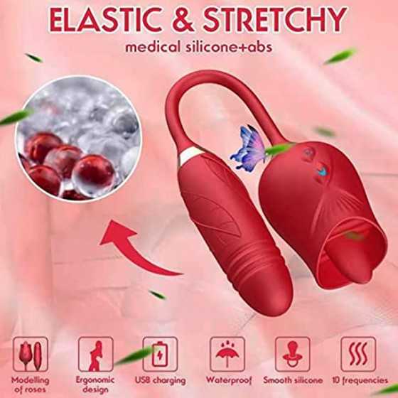 LO2023-New Flower Shaped USB Charging Rose Toy 10 Modes for Women Sex Stimulator for Adult Women Licking, Lingerie- Red,-Y3CV