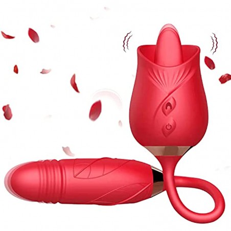 Rose Toy for Women Dildo Vibrator,2-in-1 Rose Vibrator for Women with 10 Tongue Licking & 10 Thrusting Vibrator ,G-Spot Vibrator Nipple Clitoral Stimulator Butt Plug,Sex Toys for Female Couples Adult