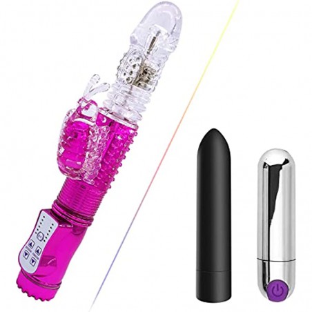 Hand Held 360 Degree Rotation Telescopic Rabbit Vibrator + 2 PCS Bullets Bundle Pack, Vibrate for Women, Waterproof and USB Rechargeable