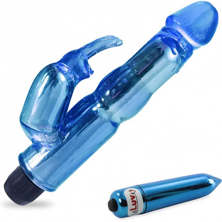 Rabbit Vibrator Waterproof Bath Time Bunny Bundle with Pointed Chrome Mini Bullet Massager Blue