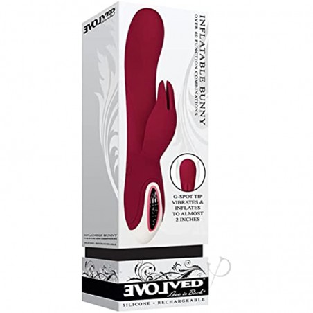 Evolved Love Is Back - Inflatable Rechargeable Silicone Bunny - Over 60 Function Combinations - G-Spot Tip Vibraties & Inflates to Almost 2 Inches - Burgundy
