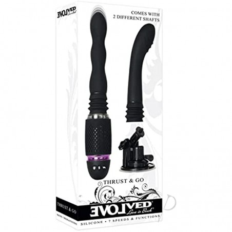 Evolved Love Is Back - Thrust & Go - Suction-Cup Rechargeable Silicone 7 Speeds and Functions Vibrator with 2 Shaft Attachment (G-spot & Bulby) - Black